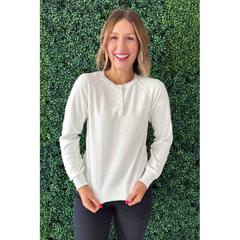 Henley Neck Long Sleeve Light Weight Solid Pullover Small Ivory
