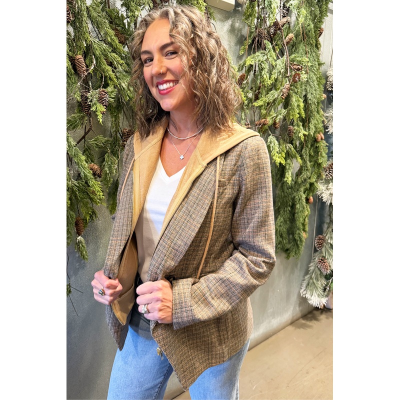 Hooded Herringbone Pattern Double Breasted Blazer Small Tan Combo