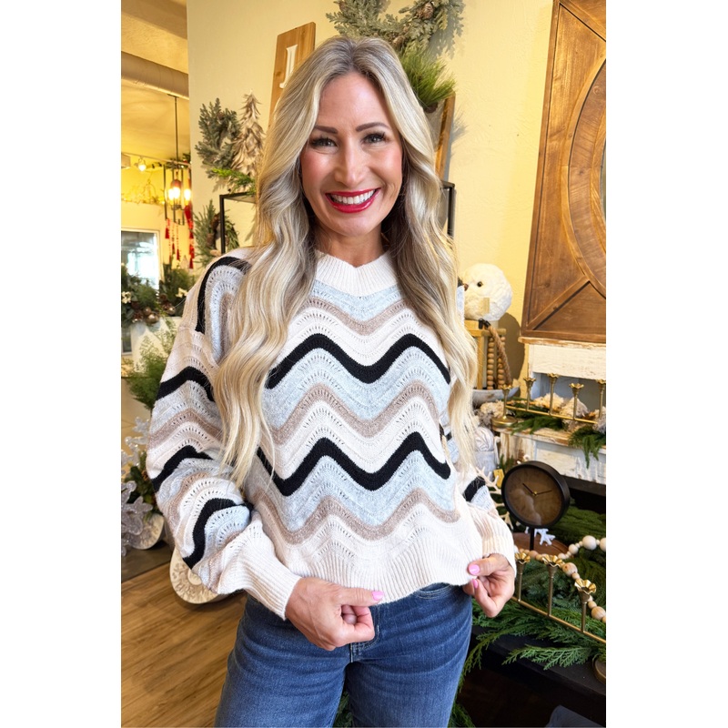 Multi Color Wavy Stripe Scallop Hem Sweater Top Small Oatmeal Combo