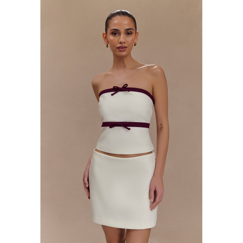 Aisha Strapless Suiting Top With Contrast Bows – Ivory XXS