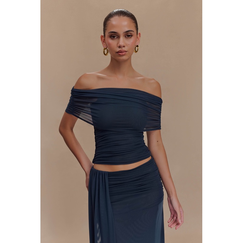 Arna Off Shoulder Mesh Crop Top – Midnight Blue XXS