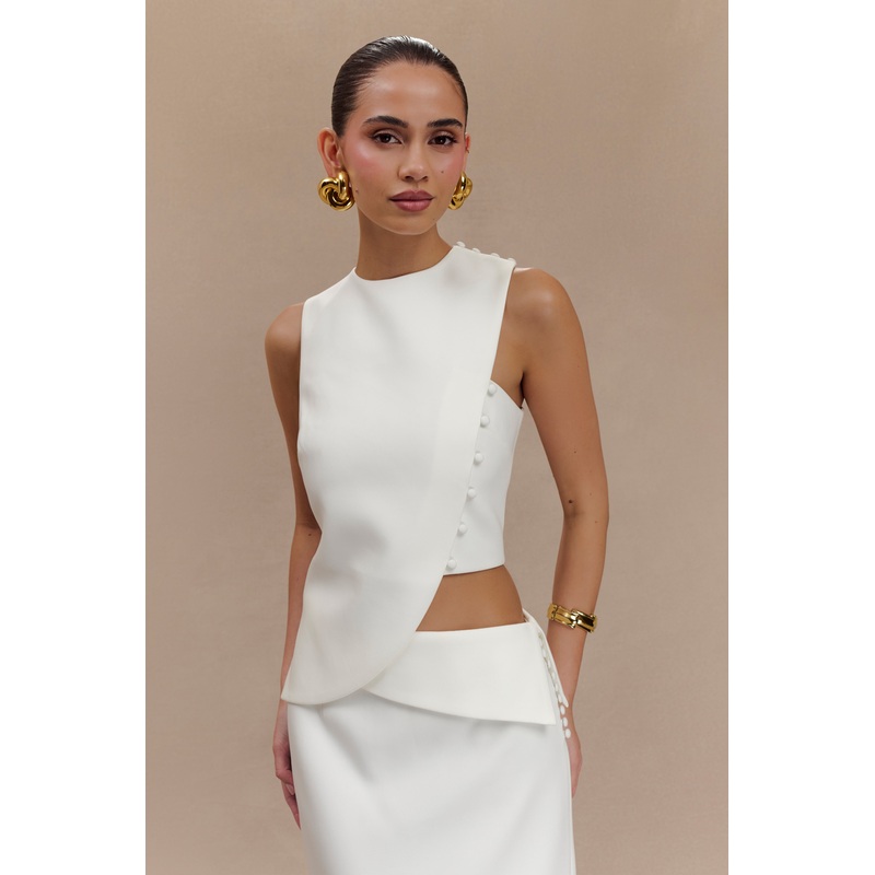 Astrid Asymmetric Sleeveless Suiting Top – White XXS