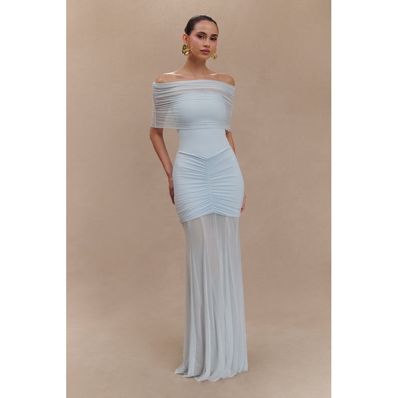 Caspian Slinky And Mesh Off Shoulder Maxi Dress – Pale Blue XXS