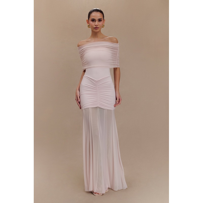 Caspian Slinky And Mesh Off Shoulder Maxi Dress – Pale Pink XXS