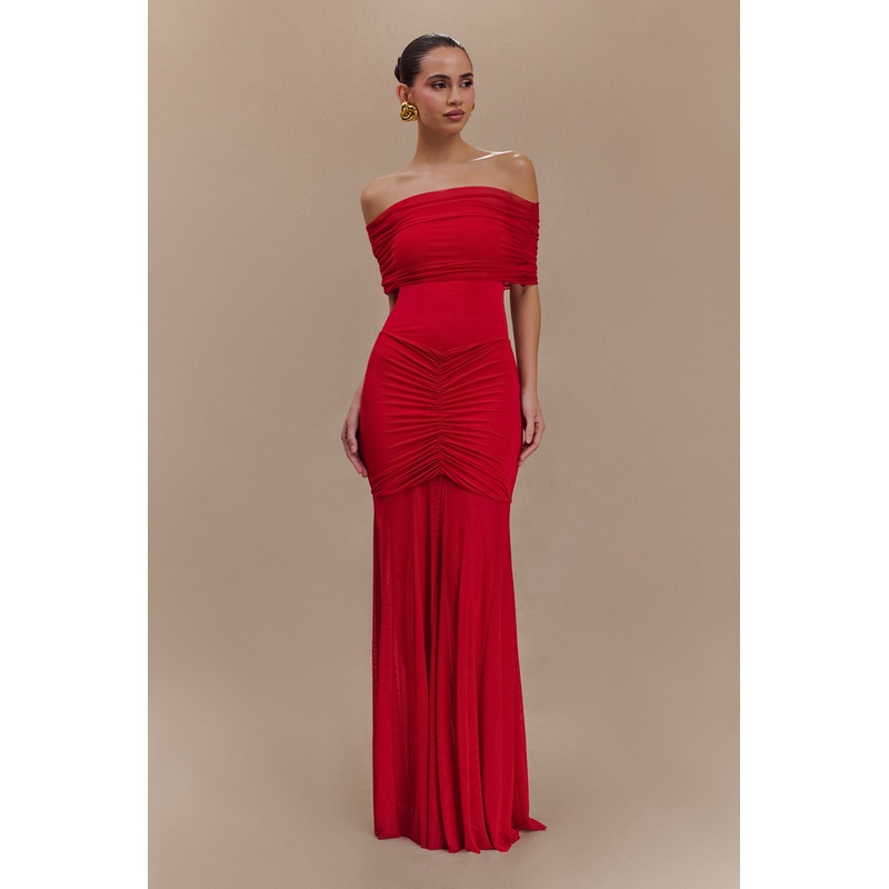 Caspian Slinky And Mesh Off Shoulder Maxi Dress – Ruby XXS