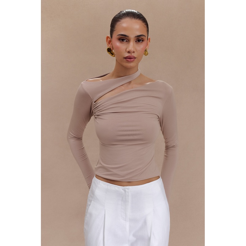 Sasha Modal Long Sleeve Top With Cut Out – Mushroom XXS