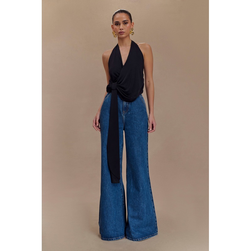 Tyla Draped Slinky Halter Top – Black XXS