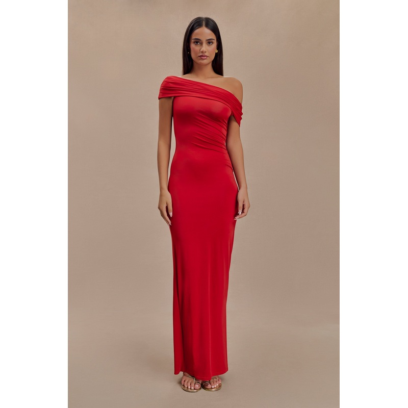 Cassandra Off Shoulder Slinky Maxi Dress – Red XXS
