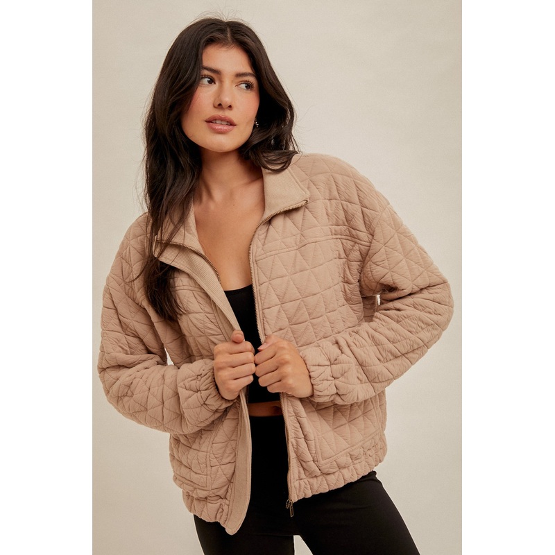 Drop Shoulder Quilted Bomber Jacket Small Taupe