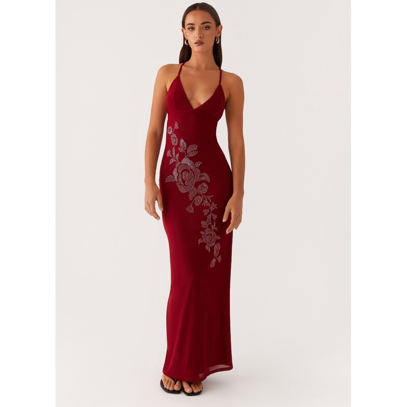 Beki Beaded Mesh Maxi Dress – Deep Red Deep Red US 0