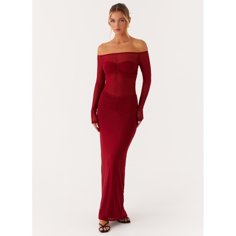 Divine Beauty Mesh Maxi Dress – Maroon Maroon US 0