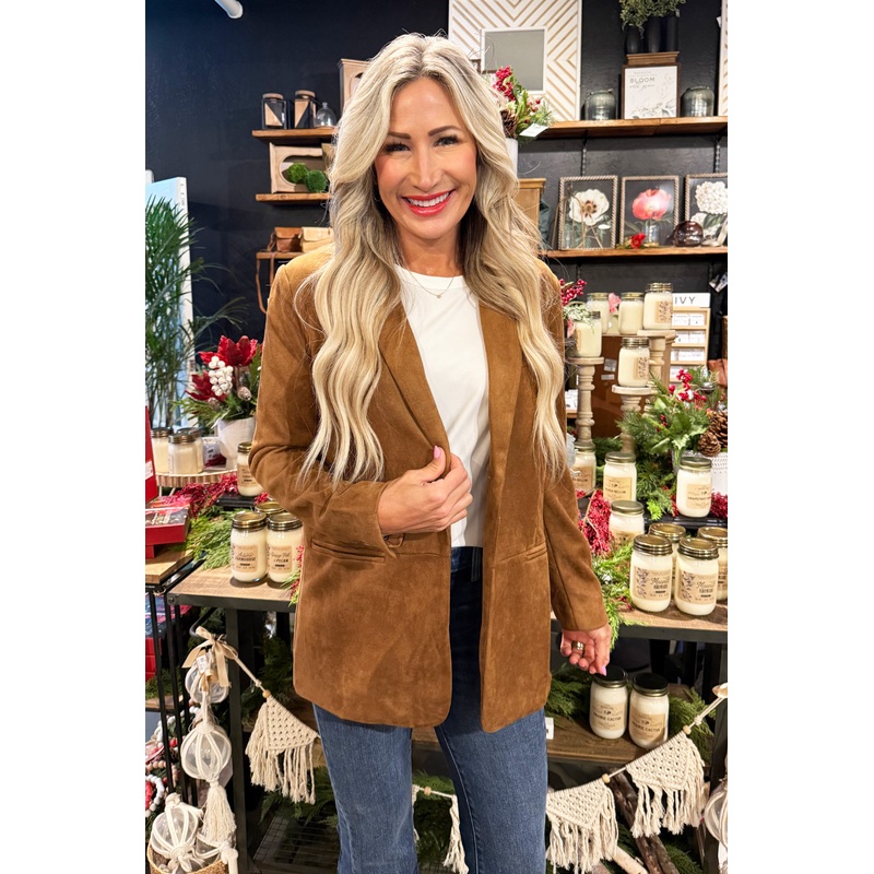 Faux Suede Relaxed Fit Blazer Small Cognac