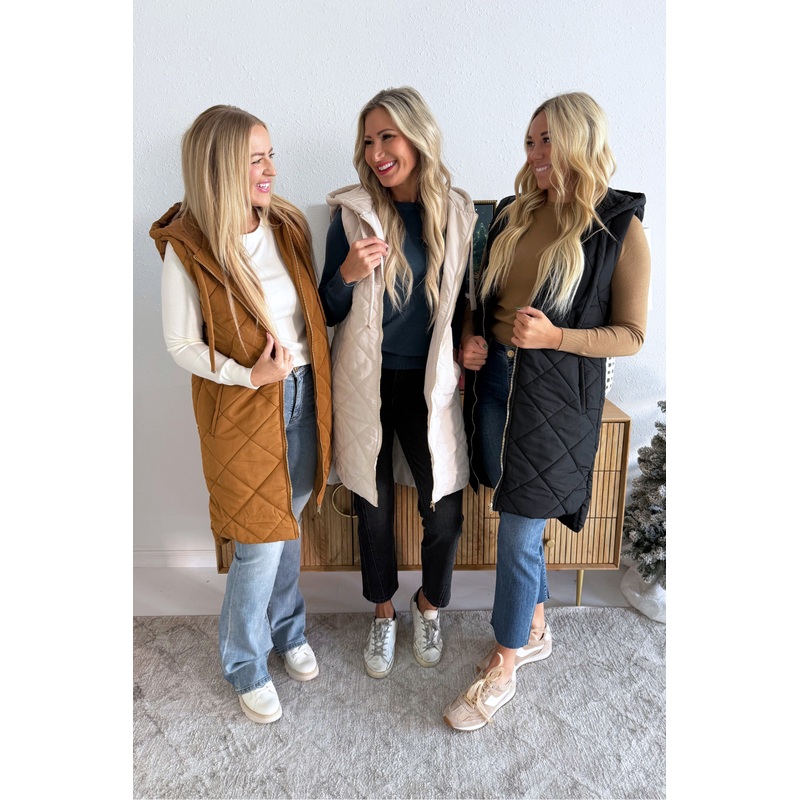 Quilted Puffer Long Hoodie Vest Small Black