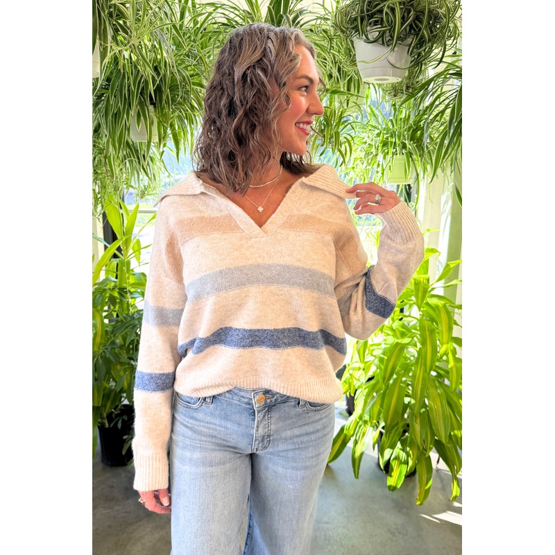 Striped Ribbed Wide Collar with V Slit Sweater Small Oatmeal Multi