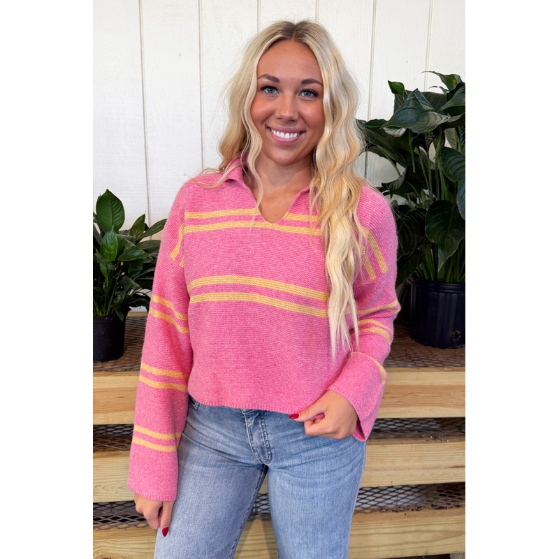 Striped V-Neck Long Sleeve Sweater S/M Fuchsia