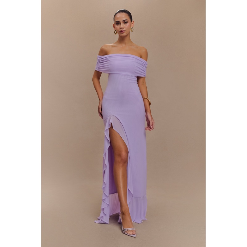 Audrey Off Shoulder Mesh Maxi Dress – Lilac XXS