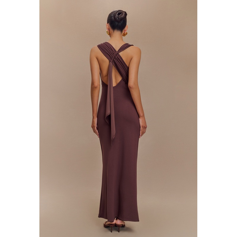 Catelyn Asymmetrical Scuba Jersey Midi Dress – Cacao Brown XXS