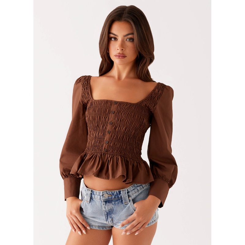 Joyce Long Sleeve Cotton Shirred Top – Chocolate Chocolate US 0