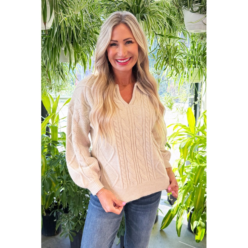 Long Sleeve Collar Cable Knit Sweater Small Light Taupe