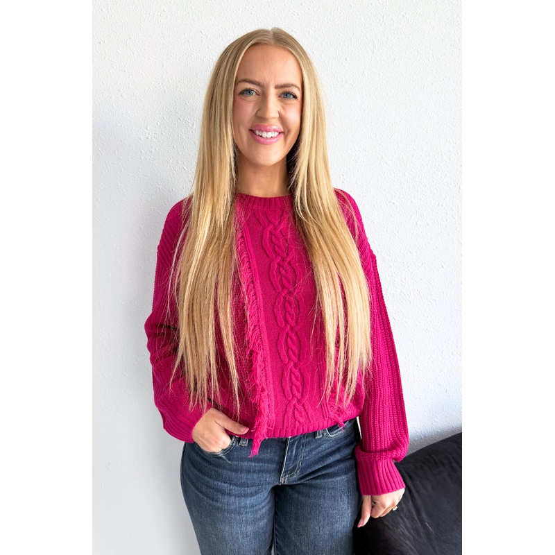 Long Sleeve Mock Neck Sweater w/ Fringe XS Dark Raspberry Pink