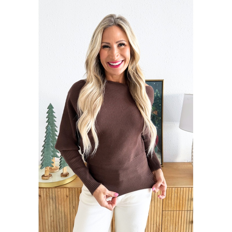 Off Shoulder Long Sleeve Top XS Dark Chocolate