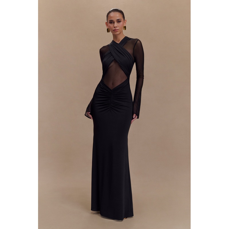Tania Slinky And Mesh Long Sleeve Maxi Dress – Black XXS