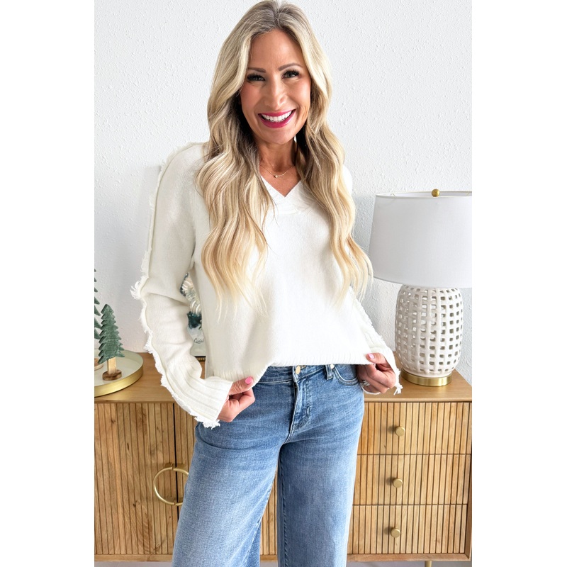 V-Neck Fringe Arm Sweater XS White