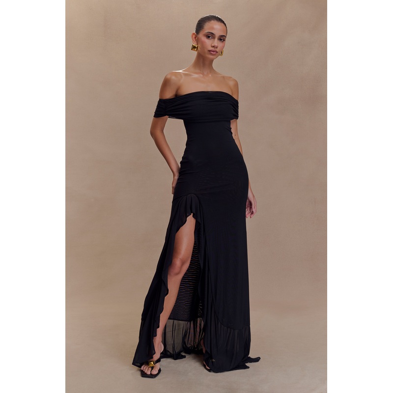 Audrey Off Shoulder Mesh Maxi Dress – Black XXS