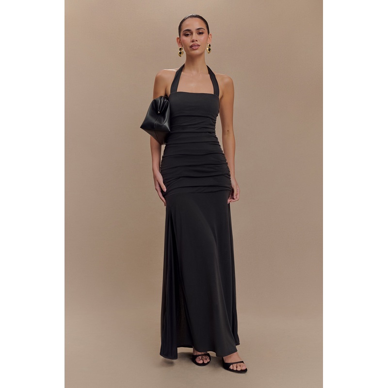 Bentley Peached Jersey Halter Maxi Dress – Black XXS