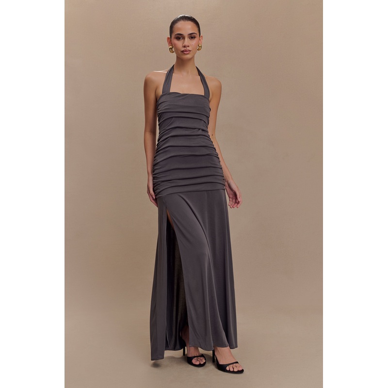 Bentley Peached Jersey Halter Maxi Dress – Charcoal XXS
