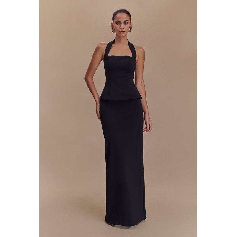 Bertie Peplum Halter Maxi Dress – Black XXS