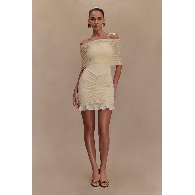 Caspian Slinky And Mesh Off Shoulder Mini Dress – Ivory XXS