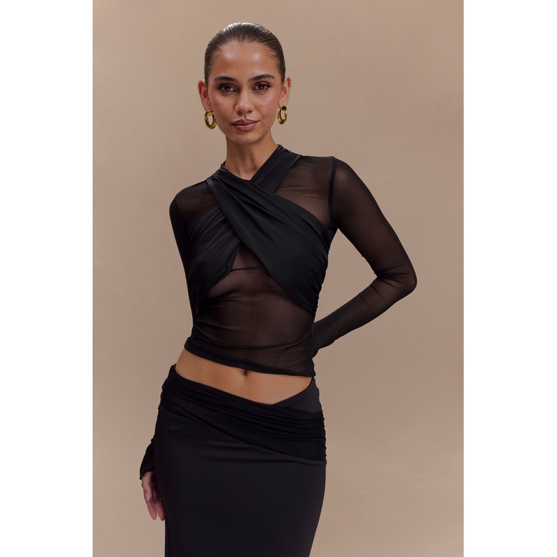 Tania Slinky And Mesh Long Sleeve Top – Black XXS