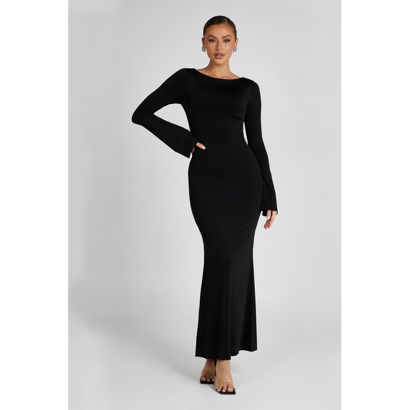 Tarna Slinky Fishtail Maxi Dress – Black XXS