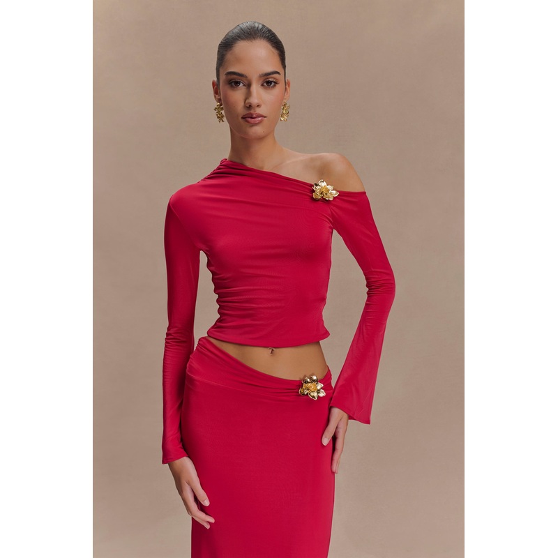 Ainsley Asymmetrical Long Sleeve Top With Floral Hardware – Fuchsia Pink XXS