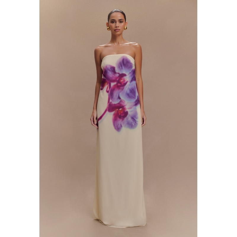 Amaya Strapless Chiffon Maxi Dress – Ivory Koi Orchid Print XXS