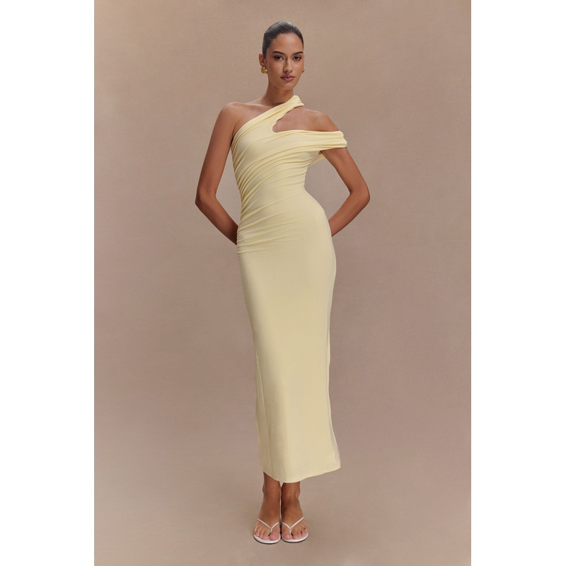 Anastasia One Shoulder Modal Midi Dress – Pale Lemon XXS