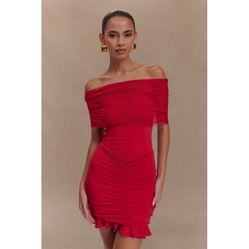 Caspian Slinky And Mesh Off Shoulder Mini Dress – Ruby XXS
