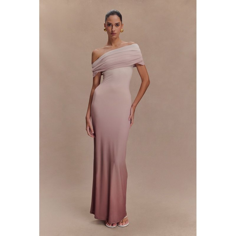 Cassandra Off Shoulder Slinky Maxi Dress – Neutral Ombre XXS