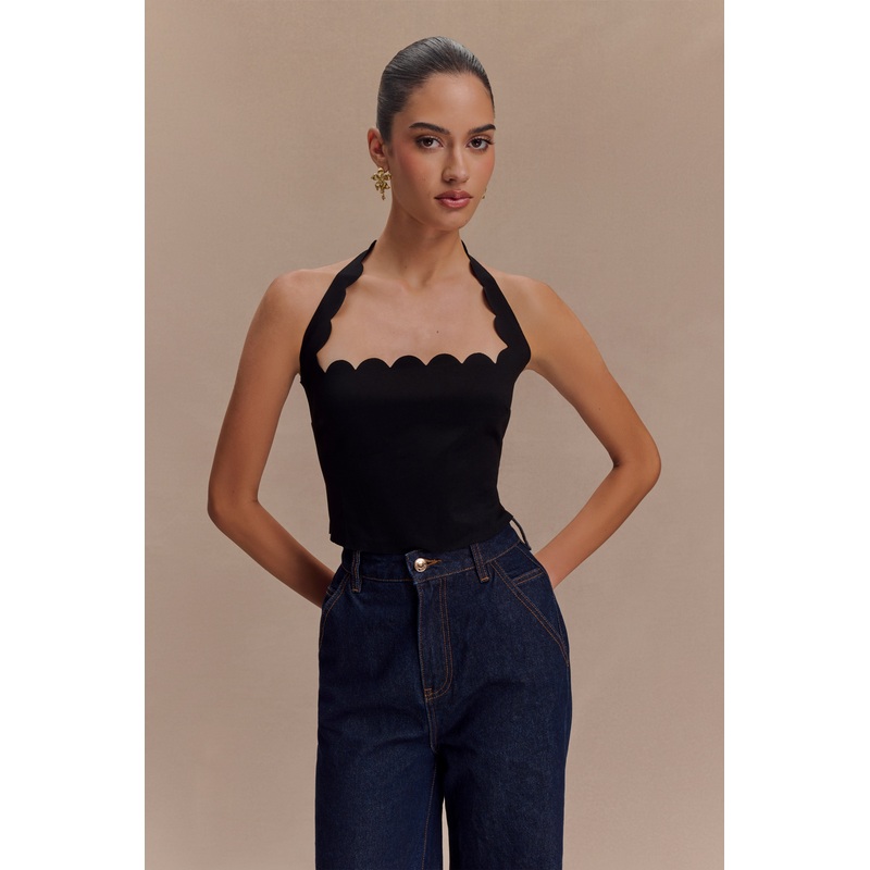 Selena Scalloped Jersey Halter Top – Black XXS