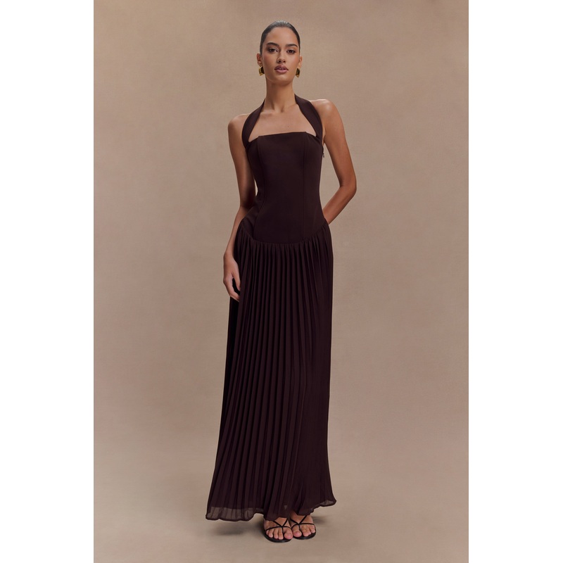 Stacie Pleated Halter Maxi Dress – Cacao XXS