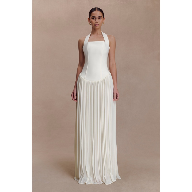 Stacie Pleated Halter Maxi Dress – Ivory XXS