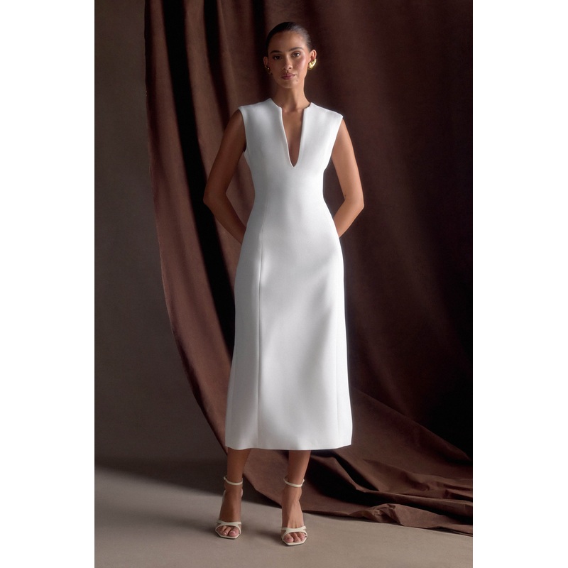Audrine Suiting Sleeveless Midi Dress – Ivory XXS
