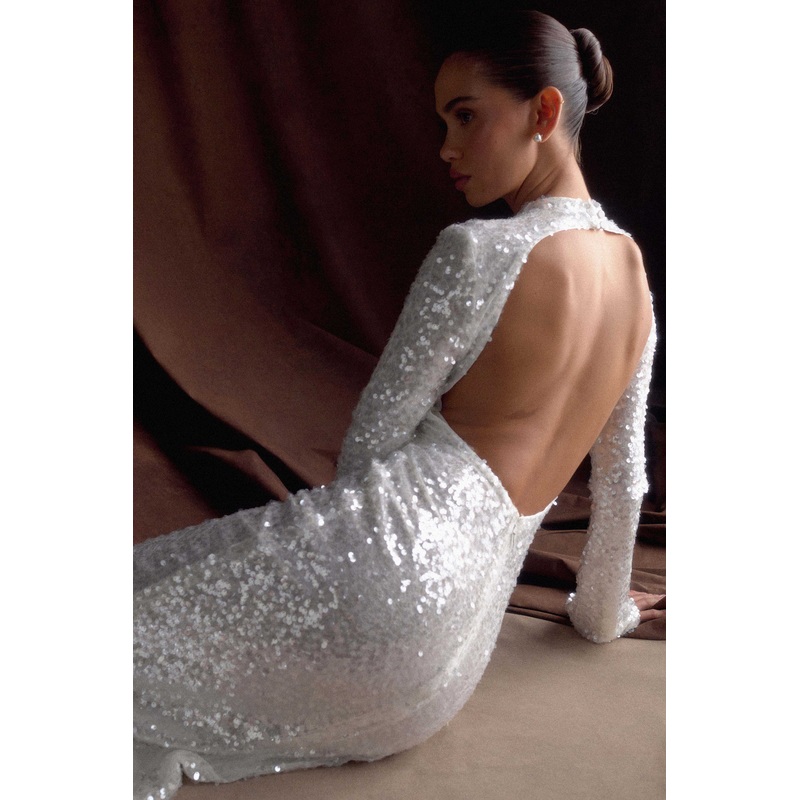 Sofia Long Sleeve Sequin Maxi Dress – White XXS
