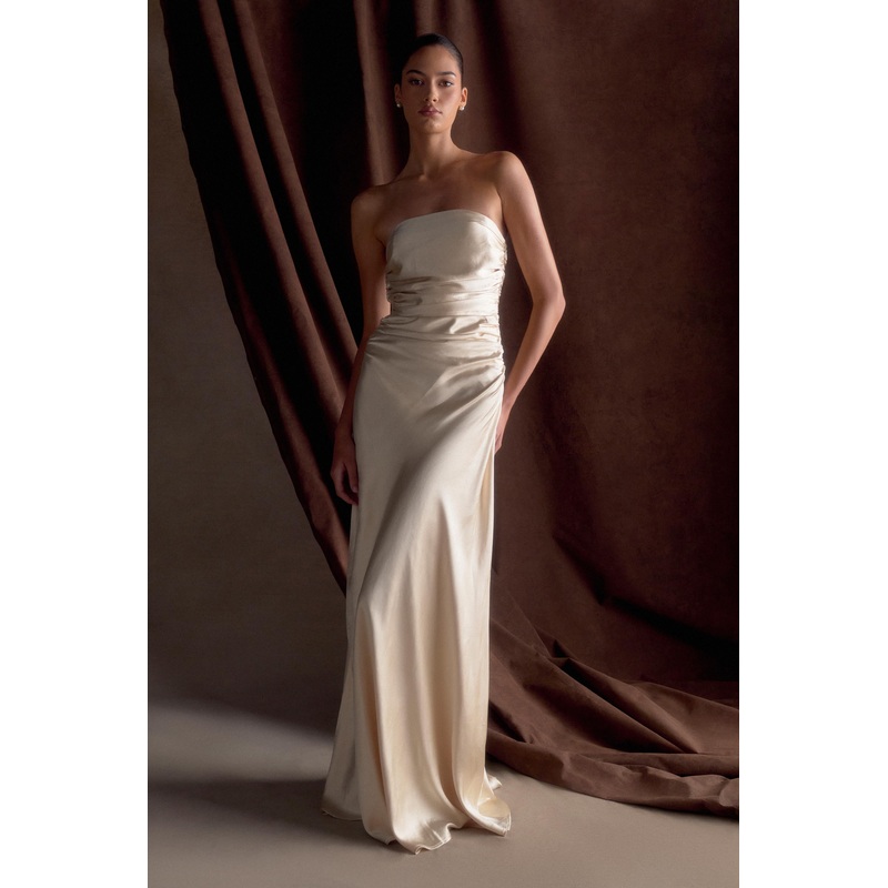 Cedar Strapless Satin Maxi Dress – Blush Gold XXS