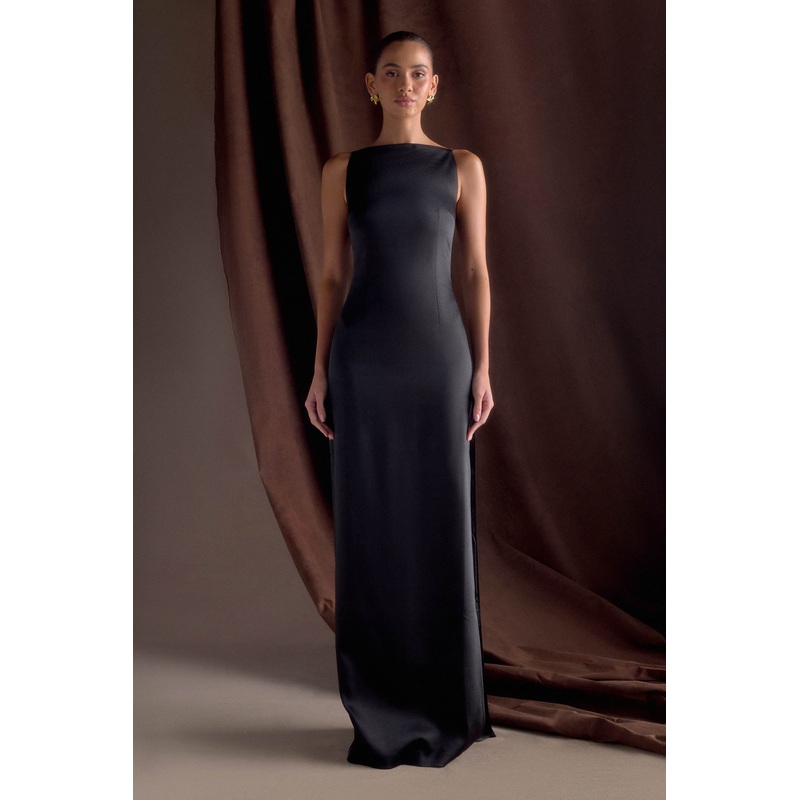 Violet Sleeveless Satin Maxi Dress – Black XXS