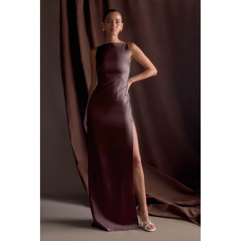 Violet Sleeveless Satin Maxi Dress – Dark Chocolate XXS