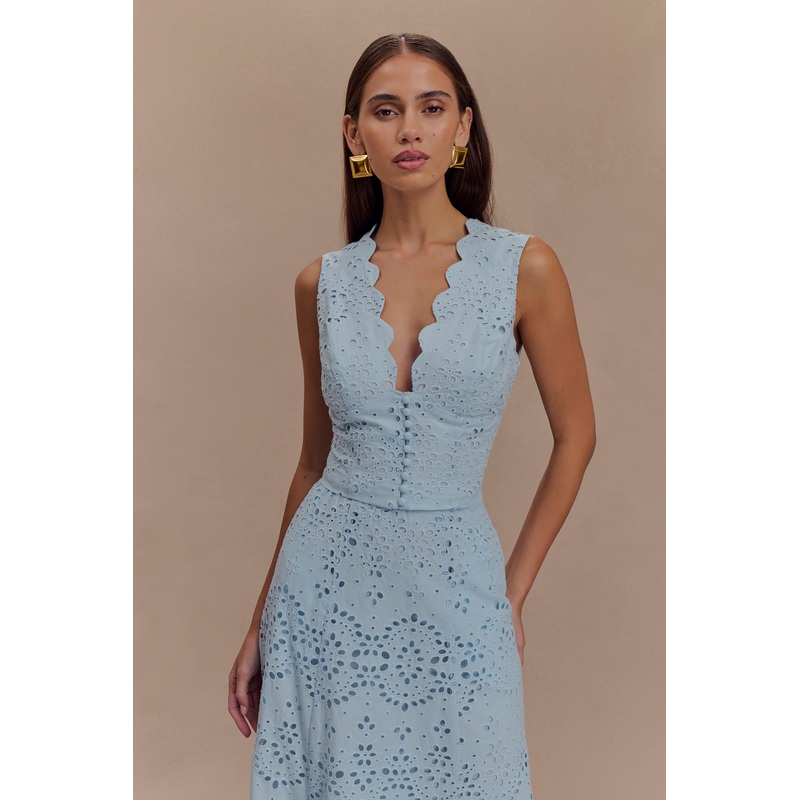 Arla Sleeveless Broderie Top – Pale Cornflower Blue XXS