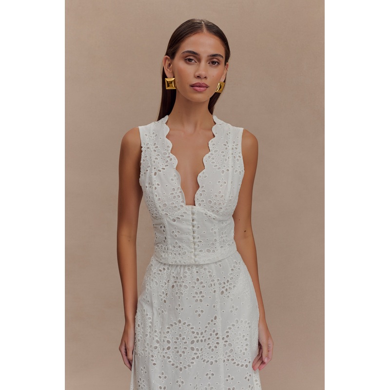 Arla Sleeveless Broderie Top – White XXS