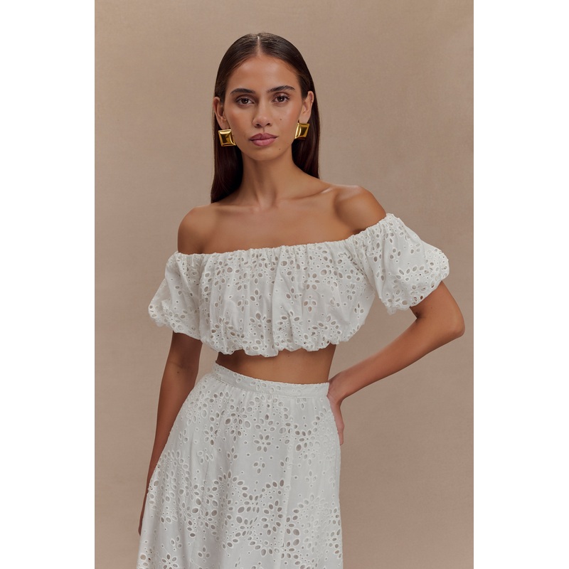 Autumn Off Shoulder Broderie Top – White XXS